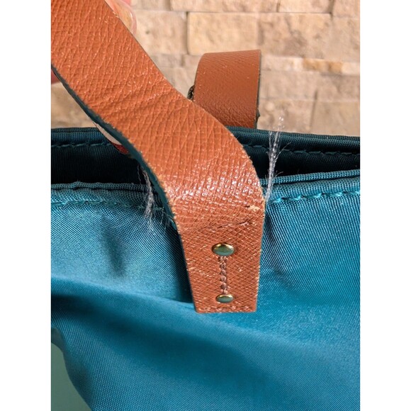 Tory Burch Penn Nylon Faux Leather 14" Tote Shoulder Bag Teal Brown GUC - Picture 9 of 16